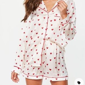 SWOMOG | White with red hearts satin long sleeve button up PJ shirt | size M